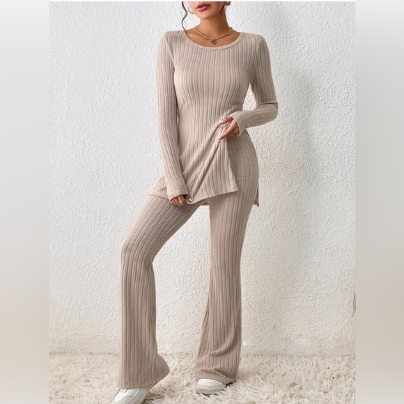 Beige Ribbed Split Hem Tee & Flare Leg Pants - Picture 5 of 8